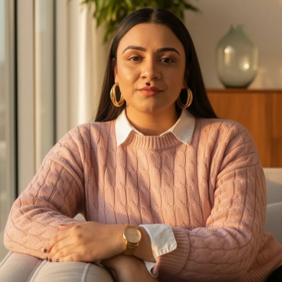 Flávia Santos em um ambiente acolhedor